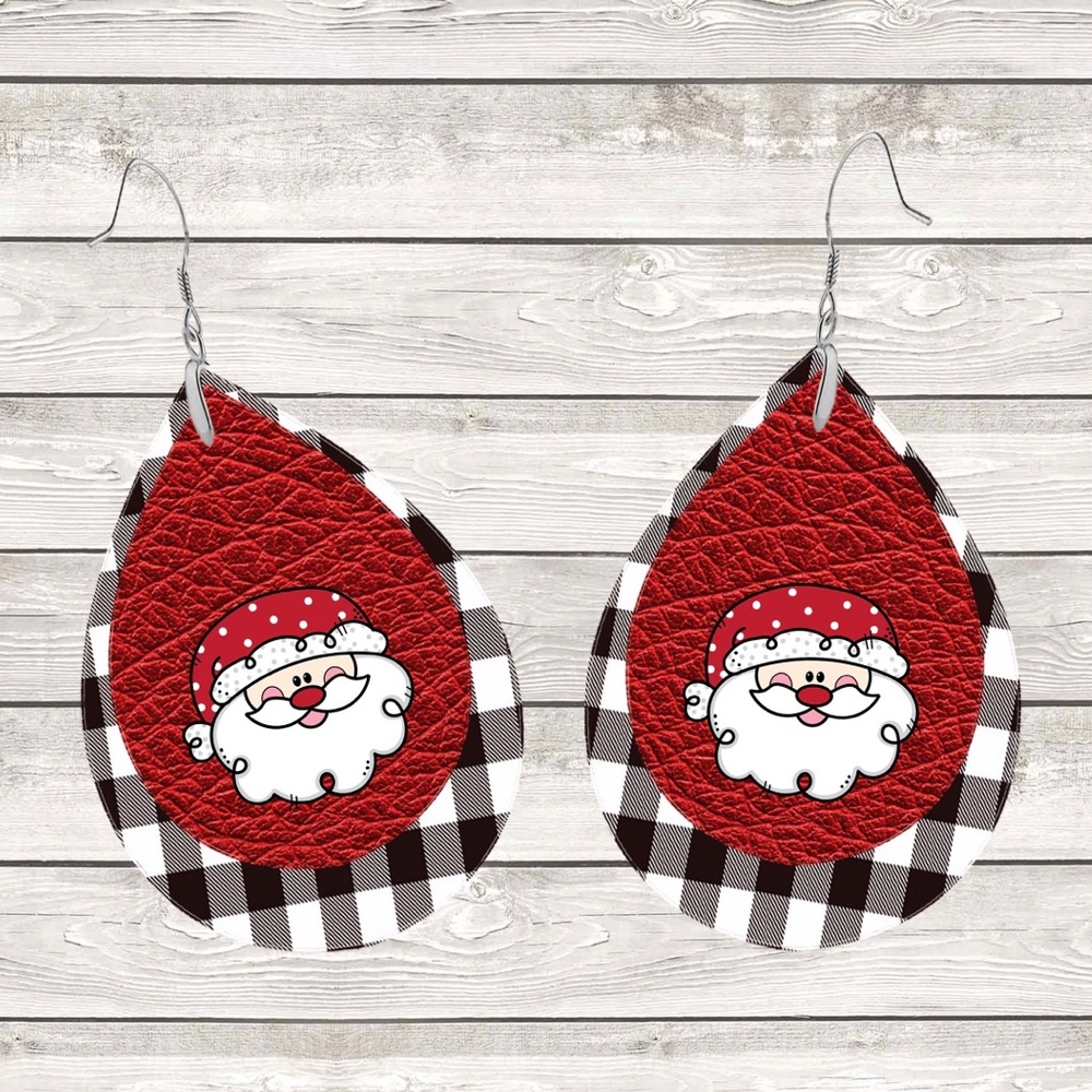 Santa White & Black Buffalo Plaid Teardrop Earring